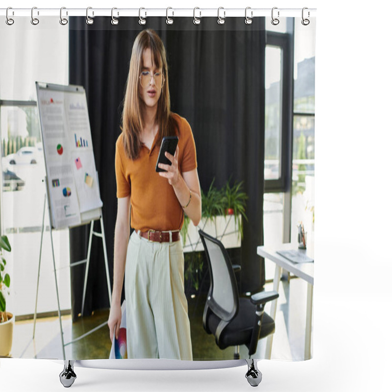 Personality  Individual Engaged In Thoughtful Planning In A Stylish Office Environment, Checking Their Phone. Shower Curtains