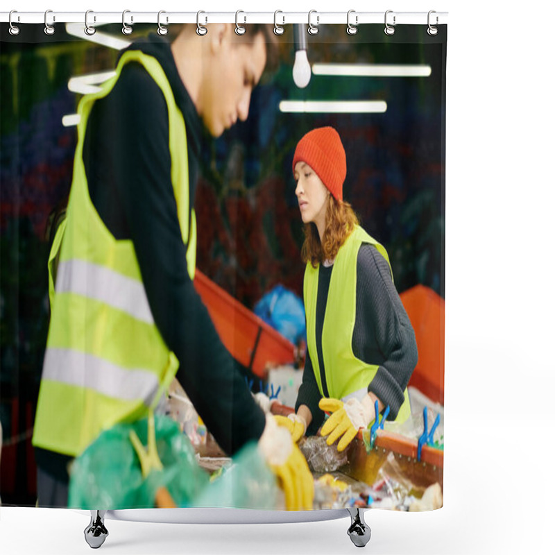 Personality  Eco-conscious Volunteers Sort Trash In Yellow Vests And Gloves. Shower Curtains