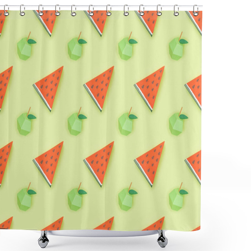 Personality  Top View Of Textured Pattern With Handmade Cardboard Apples And Watermelon Slices Isolated On Green Shower Curtains