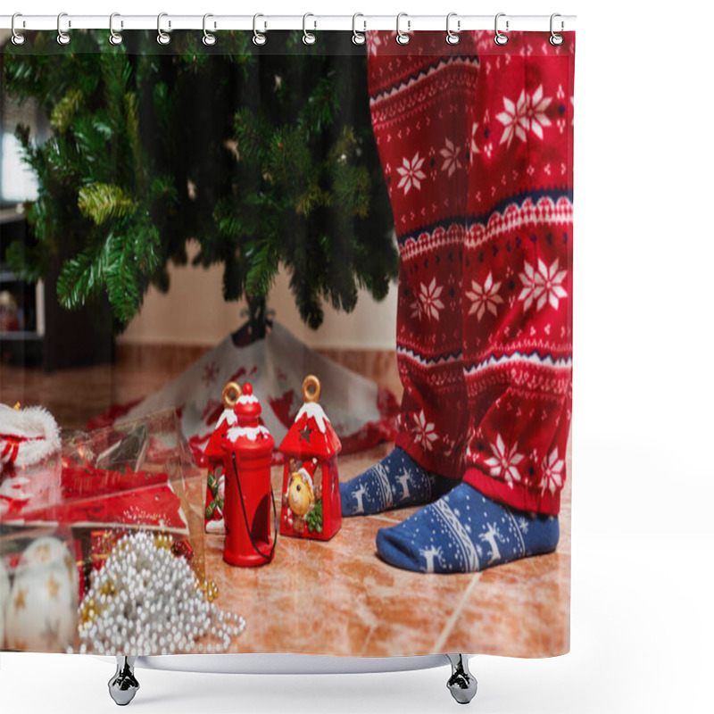 Personality  Preparing The Christmas Tree With Decoration On The Floor Shower Curtains