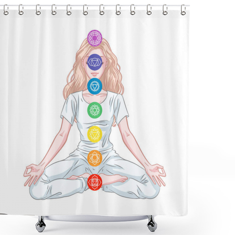 Personality  Seven Chakra System In Human Body, Infographic With Meditating Yogi Woman, Vector Illustration Shower Curtains