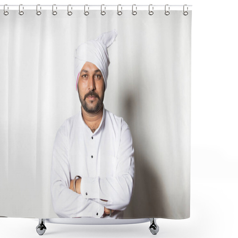 Personality  Closeup Portrait Of Indian Young Villager In Turban And Traditional Clothes Shower Curtains