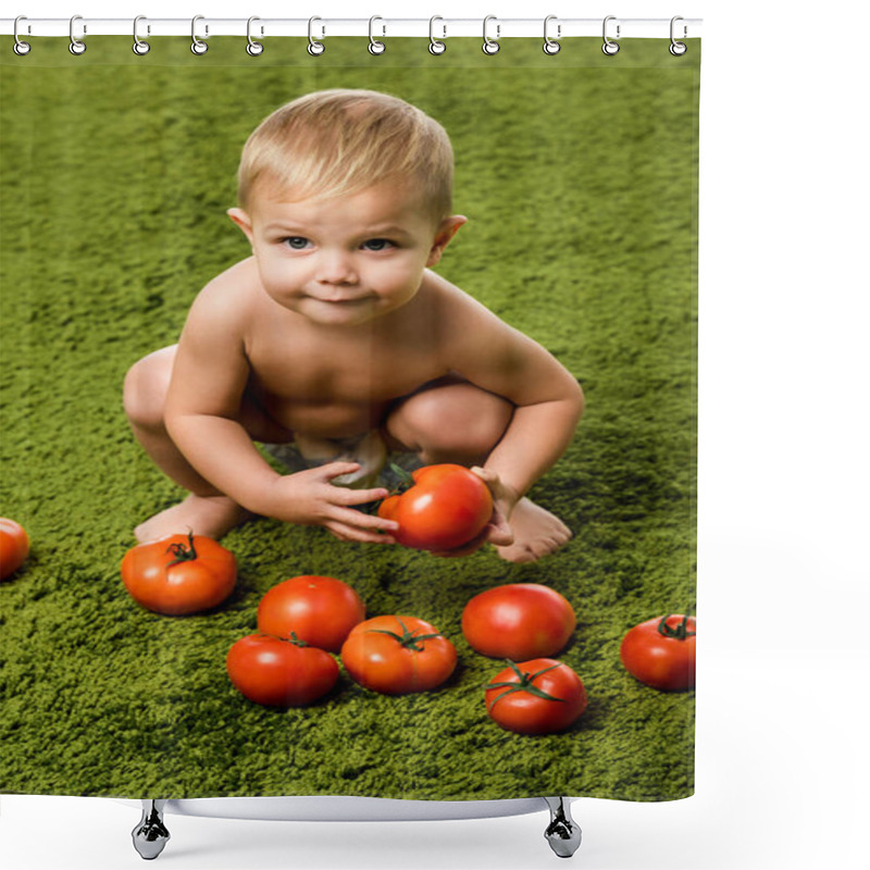 Personality  Close Up View Of Smiling Toddler Boy Sitting On Hunkers And Holding Tomato On Green Carpet Shower Curtains