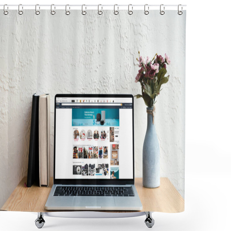 Personality  Laptop With Amazon Website On Screen, Books And Flowers In Vase On Wooden Table Shower Curtains