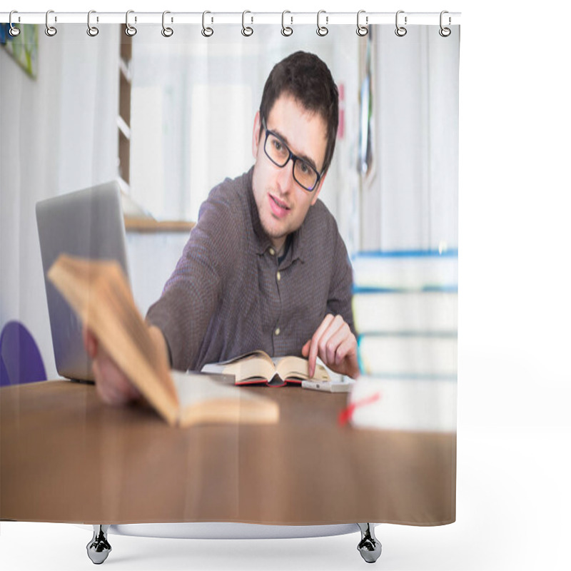 Personality  Male Happy Student Researching And Learning At Home, Stack Of Books Blurry Shower Curtains