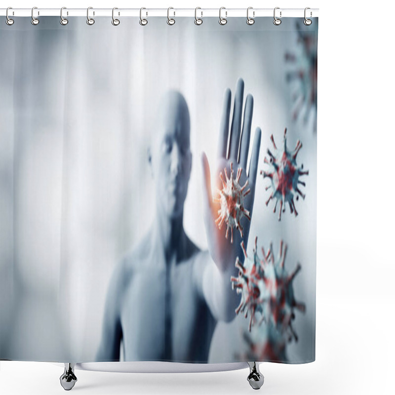 Personality  Man Stopping Coronavirus. Immune System Defends From Corona Virus COVID-19. 3D Render Shower Curtains