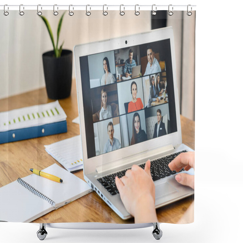 Personality  Woman Is Using App On Laptop For Video Connect Shower Curtains