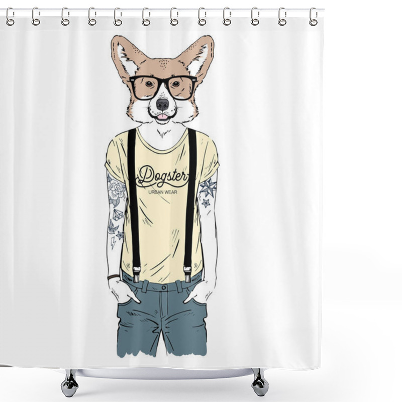 Personality  Welsh Corgi Breed Hipster Illustration. Shower Curtains