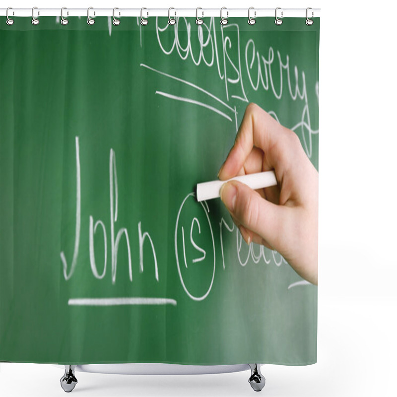 Personality  Teacher Hand Writing Grammar Sentences On Blackboard Background Shower Curtains