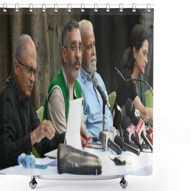 Personality  NEW DELHI, INDIA - MARCH 22: Adv. Prashant Bhushan, Supreme Court, Prof. Jagdeep Chhokar, Association Of Democratic Reforms, Anjali Bharadwaj, Common Cause, Nitin Sethi, Reporters Collective Addressing A Press Conference On The Final Disclosures  Shower Curtains