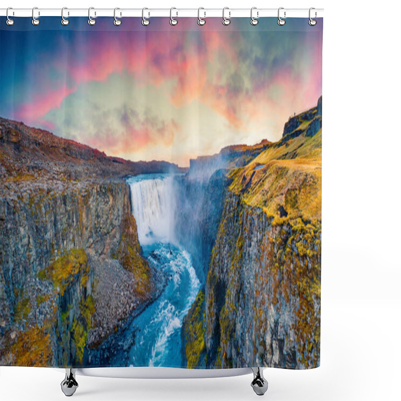 Personality  View Point From The Middle Of Canyon. Impressive Summer Scene Of Most Powerful Waterfall In Europe - Dettifoss. Aerial Summer View Of Jokulsargljufur National Park, Iceland.  Shower Curtains