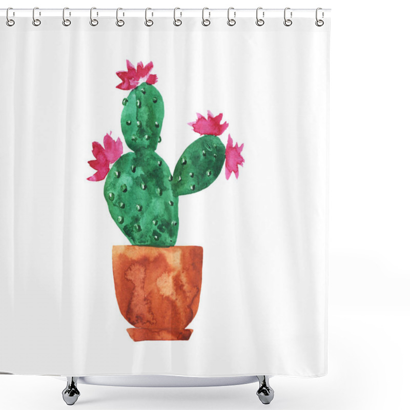 Personality  Doodle Cactus With Pink Flower In Brown Pot Isolated On White Background. Hand Drawn Watercolor Illustration.  Shower Curtains