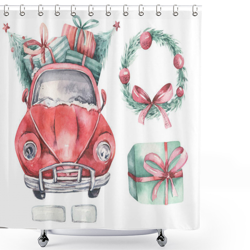 Personality  Watercolor Christmas Holiday Card Transportation Illustration. Merry Xmas Winter Tree Design. New Year Retro Vintage Cars Shower Curtains