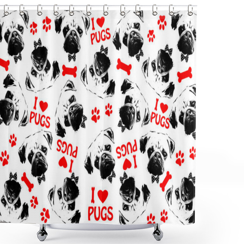 Personality  Black,red And White Graphic Style Pug Dogs Background Shower Curtains