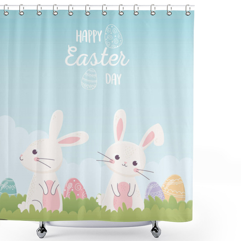 Personality  Happy Easter Cute Bunnies With Eggs Invitation Card Shower Curtains