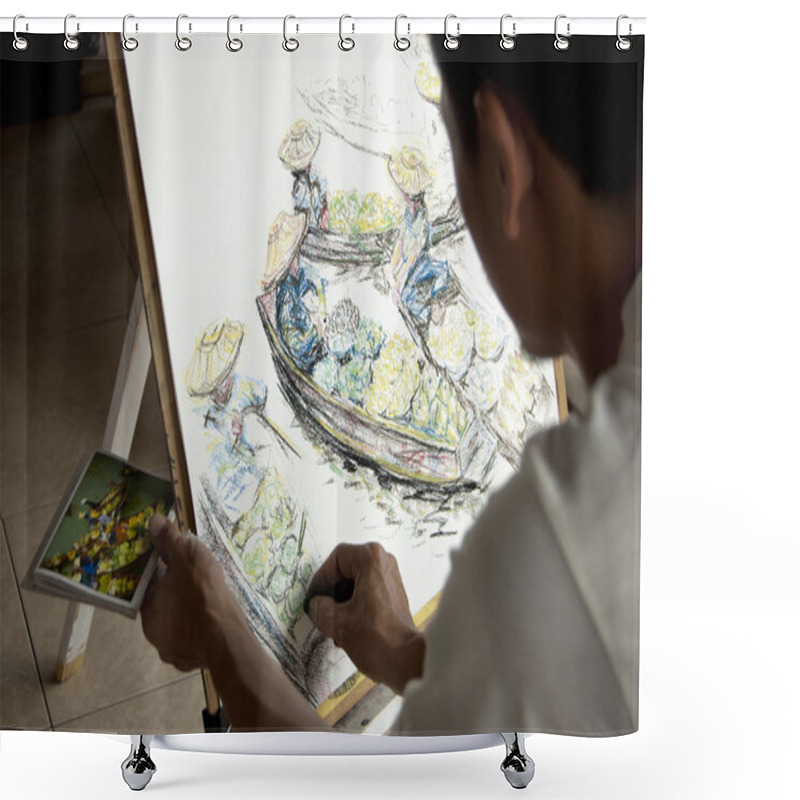 Personality  Artist Drawing A Picture Of A Floating Market Shower Curtains