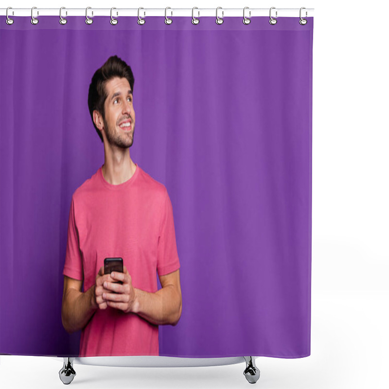 Personality  Portrait Of Positive Cheerful Addicted Guy Look Copy Space Use Smartphone Inspired Think What Type In Blog Post News Wear Pink Outfit Isolated Over Violet Bright Shine Color Background Shower Curtains