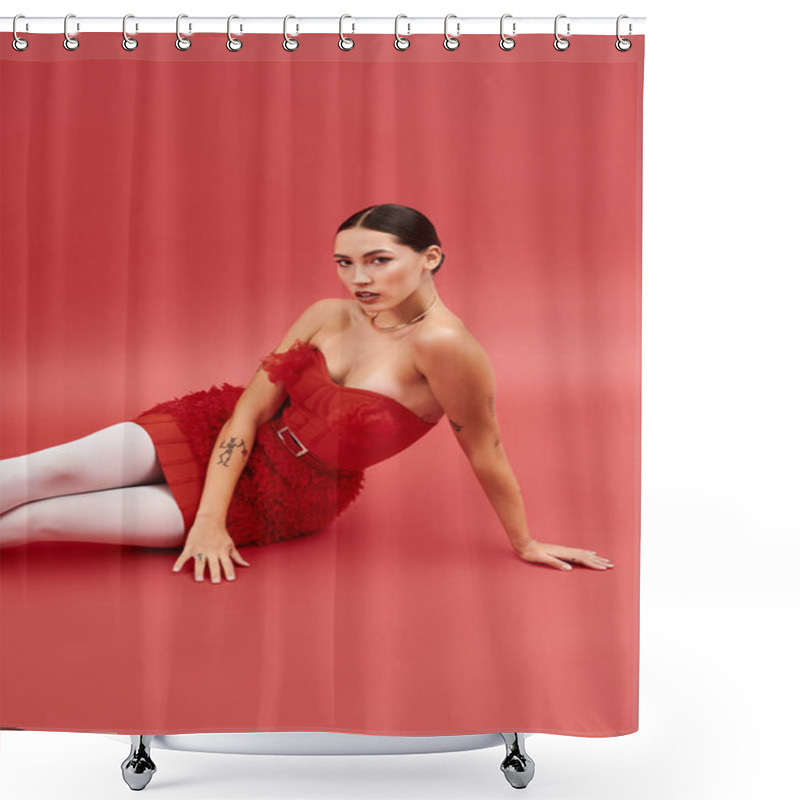 Personality  A Fashionable Woman Lies Gracefully On A Pink Surface, Exuding Confidence And Style. Shower Curtains