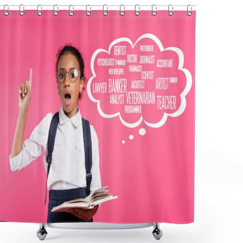 Personality  Shocked African American Schoolgirl With Book Showing Idea Gesture Near Thought Bubble With Greeting Lettering On Pink Shower Curtains