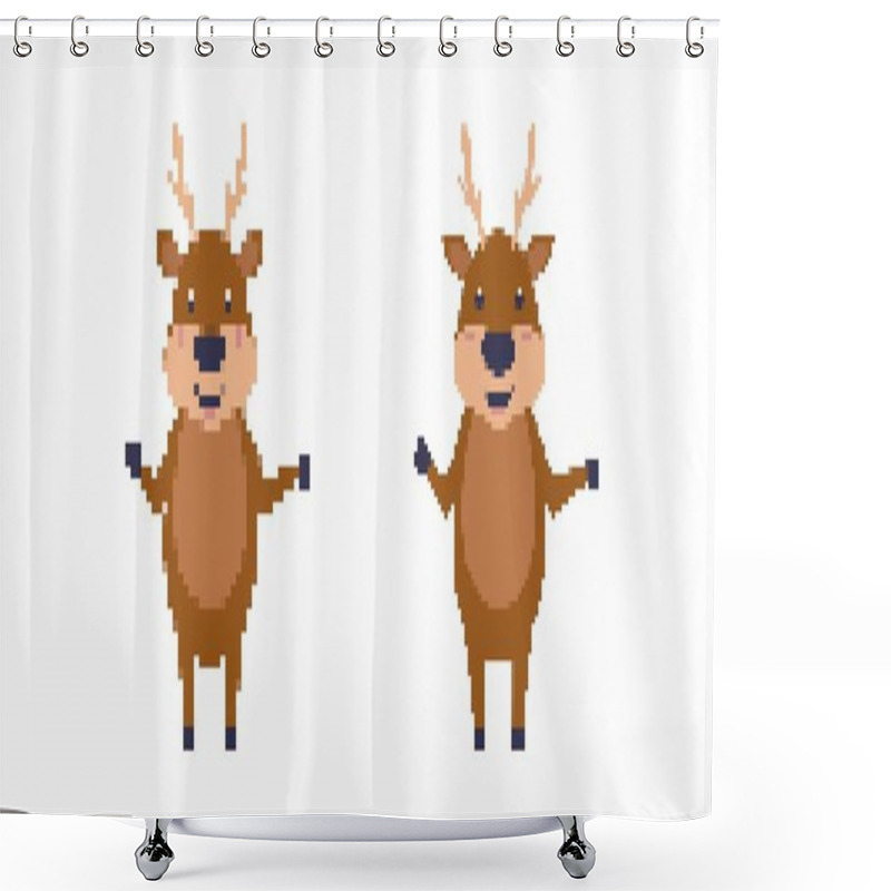 Personality  Pixel Reindeer Standing, Each With Antlers. Both Appear In Animated Style, Showcasing Cute Expressions. Shower Curtains