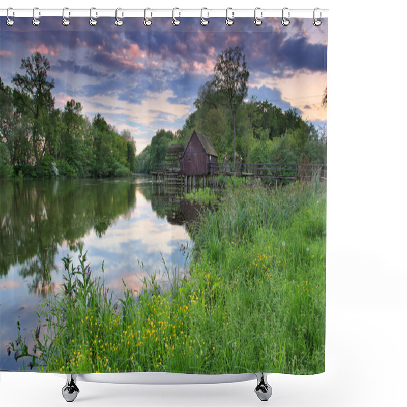 Personality  Spring Landscape At Sunset With Watermill And River Shower Curtains