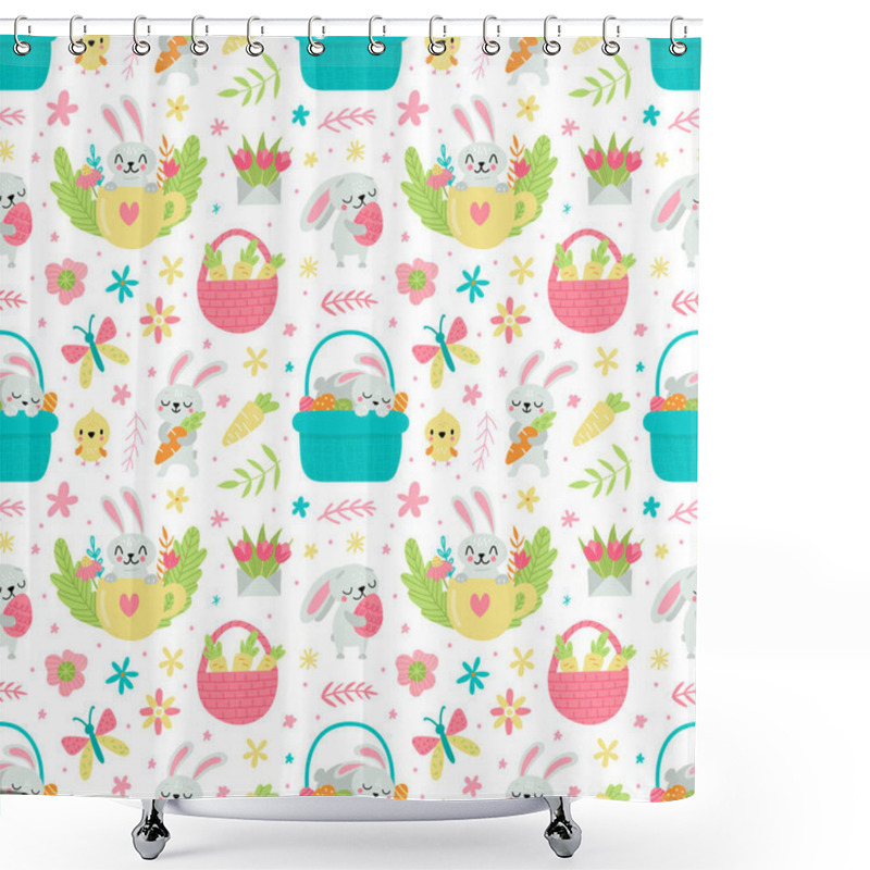 Personality  Vector Seamless Pattern For Easter And Spring Designs With Rabbits And Eggs Shower Curtains