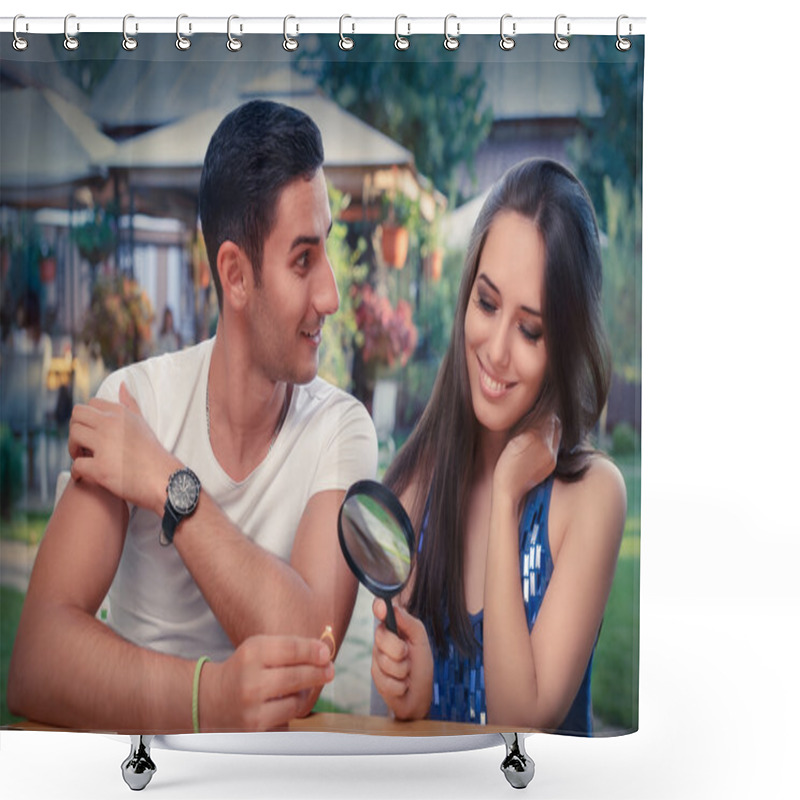 Personality  Happy Woman Testing Engagement Ring From Boyfriend With Magnifier Shower Curtains