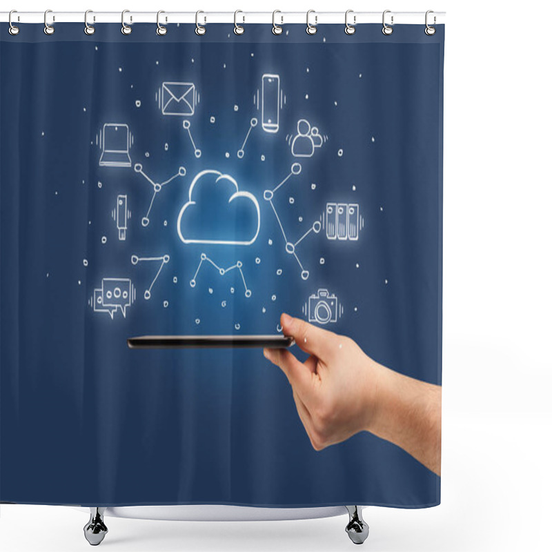 Personality  Hand Working On Phone With Cloud Technology System Concept Shower Curtains