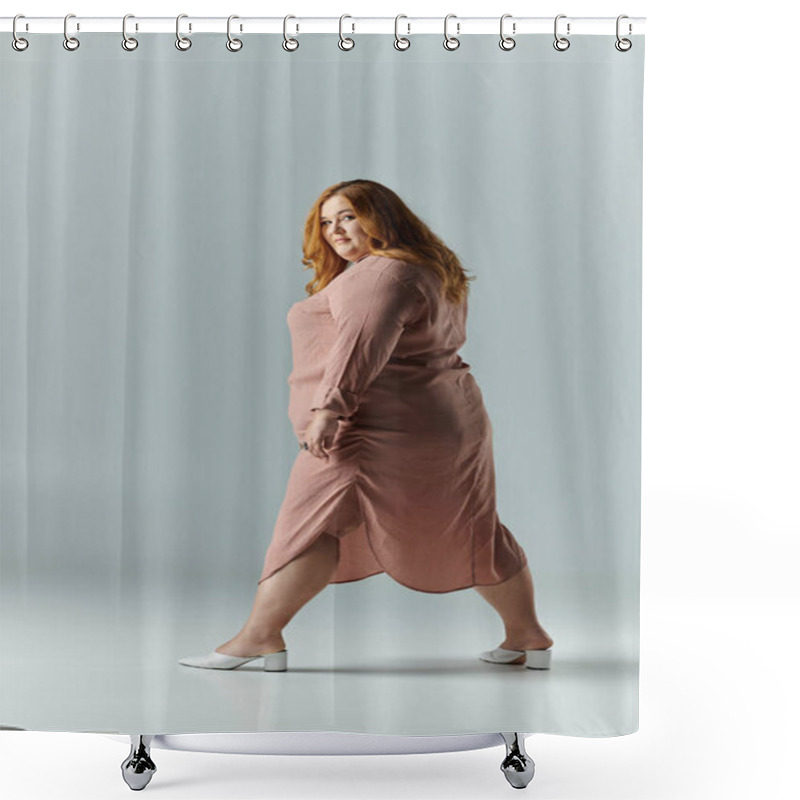 Personality  A Plus Size Woman In A Flowing Pink Dress And White Heels Walks With Purpose, Radiating Confidence. Shower Curtains