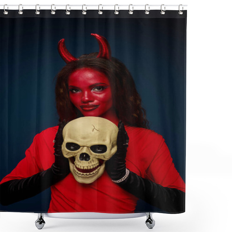 Personality  A Captivating Woman Dressed As A Devil Holds A Skull, Showcasing Halloween Spirit And Creativity. Shower Curtains