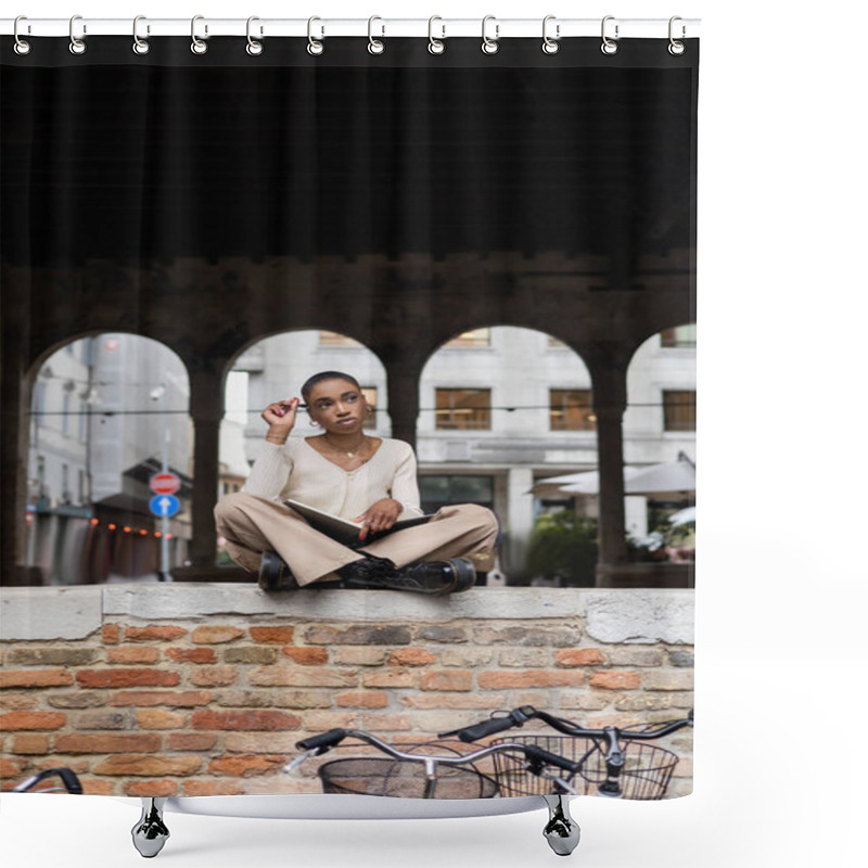 Personality  Pensive African American Tourist Holding Pen And Notebook On Urban Street In Treviso Shower Curtains