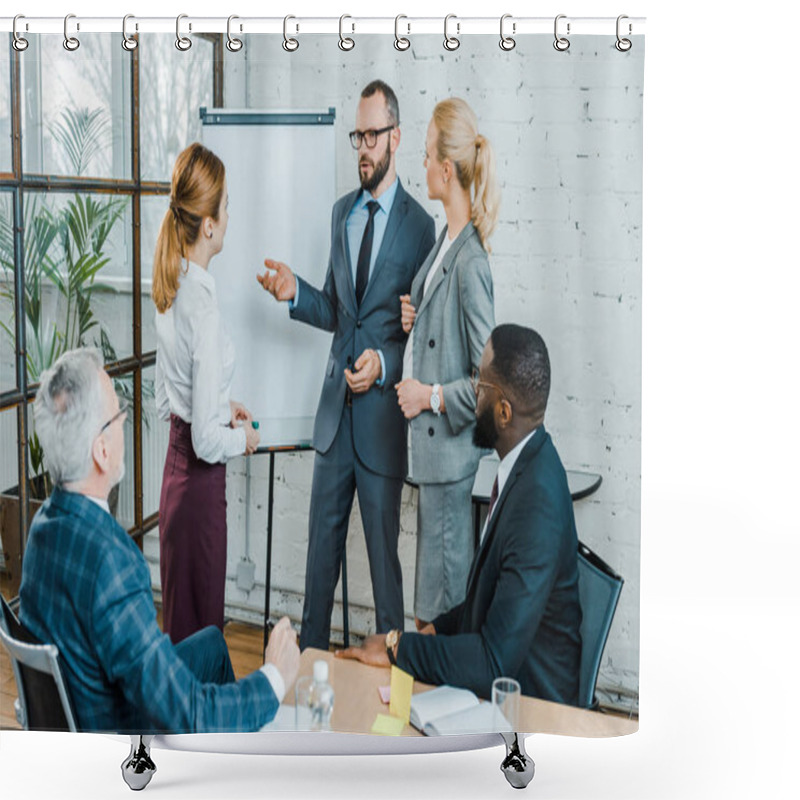 Personality  Businessman In Formal Wear Talking And Gesturing Near Multicultural Coworkers And Pregnant Blonde Woman  Shower Curtains