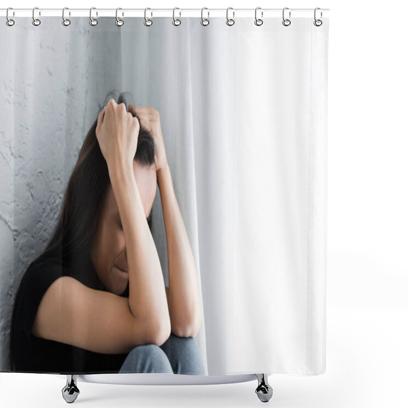 Personality  Young Woman Suffering From Depression And Crying While Sitting By Window And Holding Hands Near Head Shower Curtains