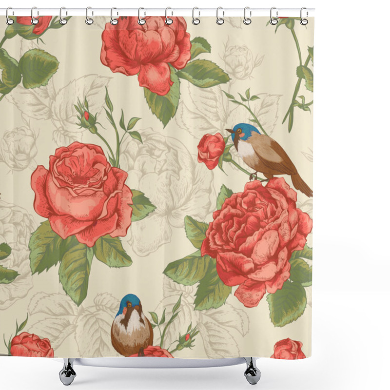 Personality  Botanical Floral Seamless Pattern With Roses And Birds Shower Curtains