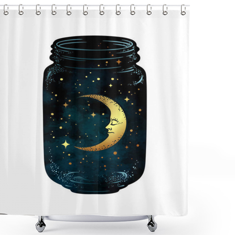 Personality  Hand Drawn Wish Jar. Crescent Moon And Stars In Glass Jar Isolated. Sticker, Print Or Tattoo Design Vector Illustration Shower Curtains