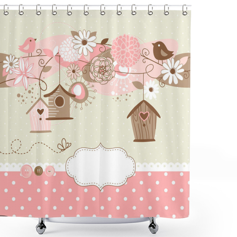 Personality  Spring Background With Bird Houses, Birds And Flowers Shower Curtains