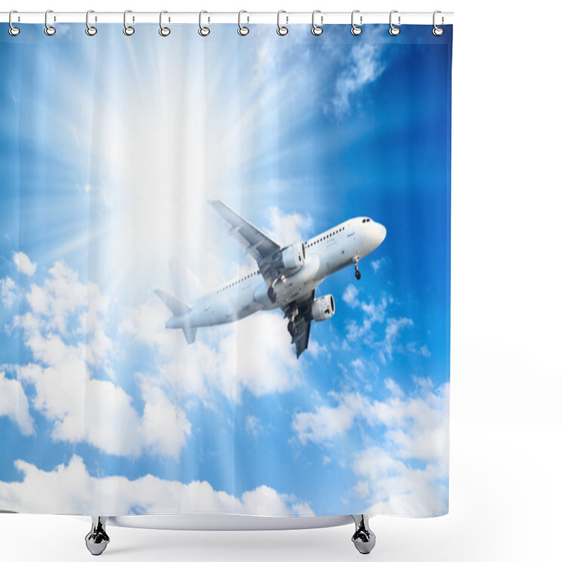 Personality  Airplane On Blue Sky Background Shower Curtains