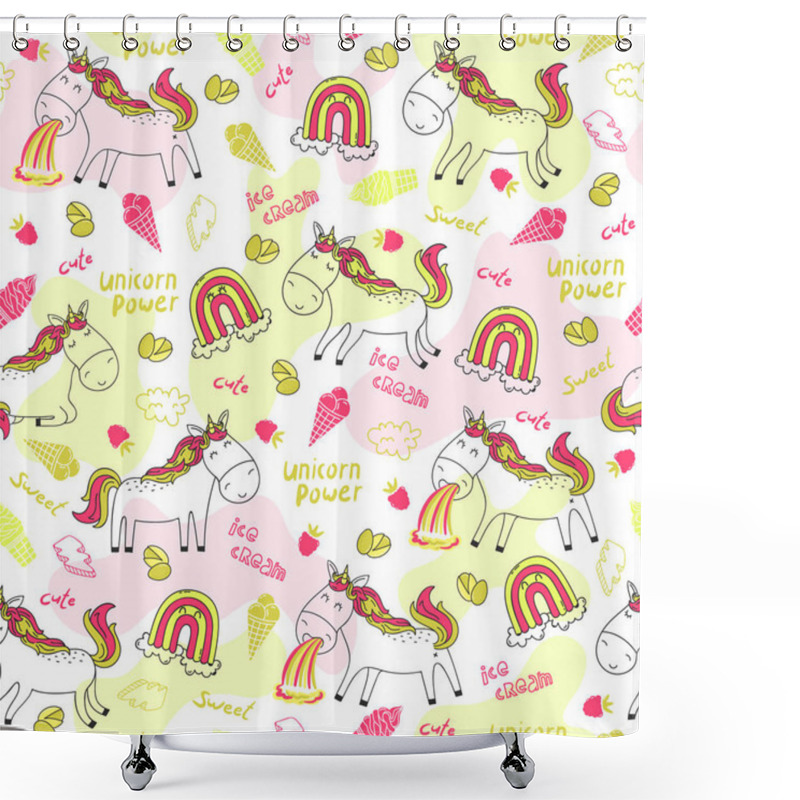 Personality  Bright Doodle Pattern With Kawaii Unicorn, Rainbow, Ice Cream And Other Elements. Shower Curtains