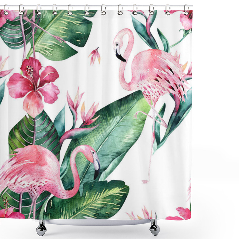 Personality  Tropical Seamless Floral Summer Pattern Background With Tropical Palm Leaves, Pink Flamingo Bird, Exotic Hibiscus. Perfect For Wallpapers, Textile Design, Fabric Print. Shower Curtains