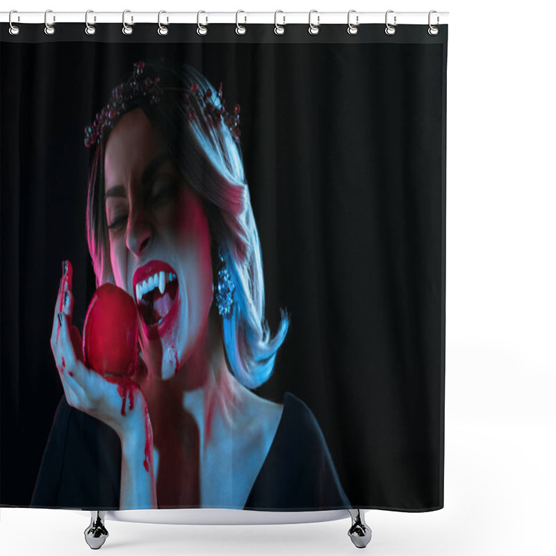 Personality  Sexy Vampire Woman Bitting Red Bloody Apple Isolated On Black Shower Curtains