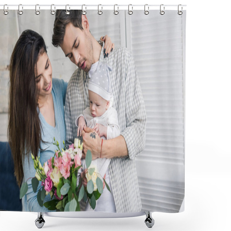 Personality  Portrait Of Happy Parents With Little Son And Bouquet Of Flowers At Home Shower Curtains