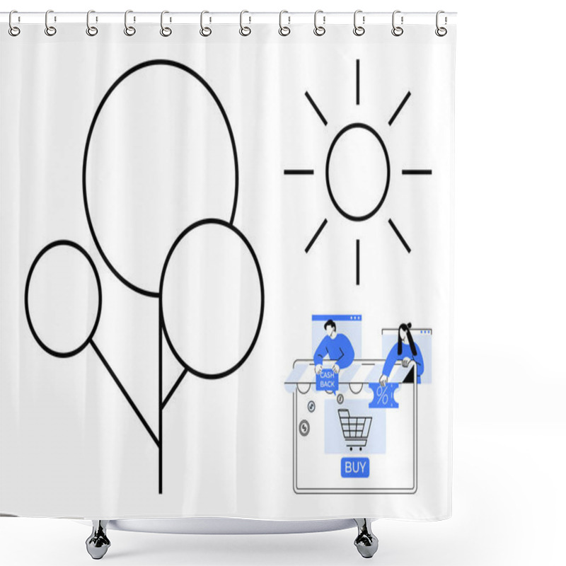 Personality  Tree Outline With Circular Leaves, Sun With Rays, And Online Shopping Elements Including A Cart And BUY Button. Ideal For Illustrating Sustainability, Online Shopping, E-commerce, Environmental Shower Curtains