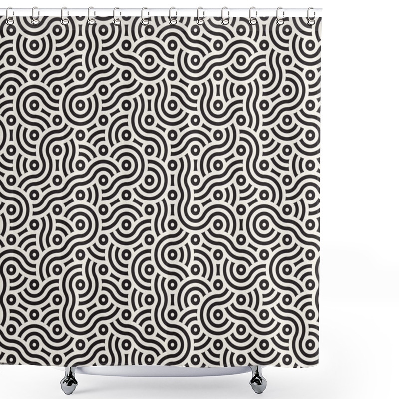 Personality  Wavy Circular Vector Seamless Pattern With Black And White Irregular Concentric Lines. Perfect Background For Modern And Trendy Designs. Shower Curtains