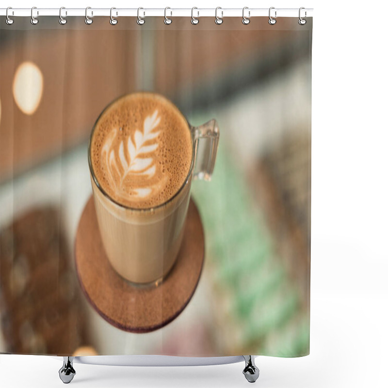 Personality  Selective Focus Of Cup Of Coffee With Latte Art Of Glass Surface Shower Curtains