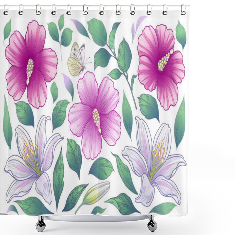 Personality  Blooming Hibiscus And Lily Heads, Buds And Leaves Isolated On White Background. Summer Collection With Pink And White Flowers. Vector Floral Elements And Flying Butterfly In Vintage Style. Shower Curtains