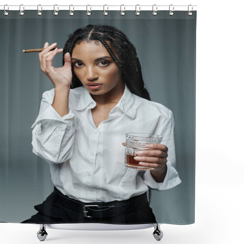 Personality  A Young Woman With Braids Poses In A White Button-down Shirt, Holding A Drink In One Hand And A Cigar In The Other. Shower Curtains