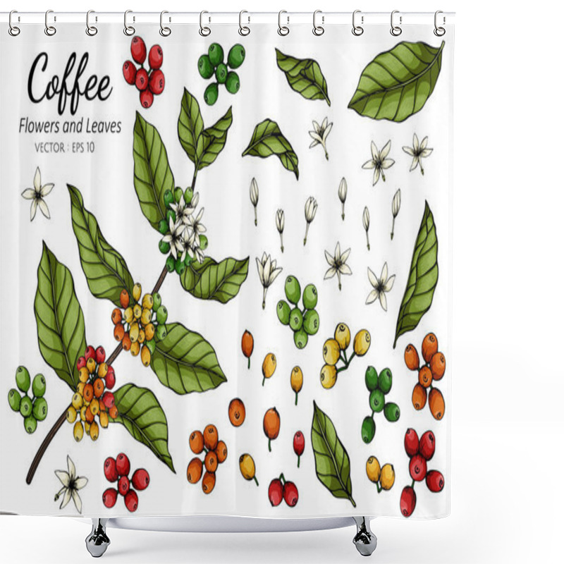 Personality  Coffee Flower And Leaf Drawing Illustration With Line Art On White Backgrounds. Shower Curtains