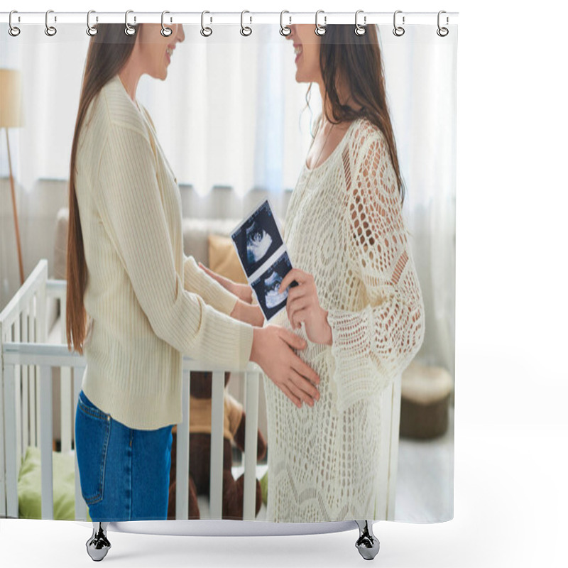 Personality  Cropped View Of Happy Lgbt Couple With Hands On Pregnant Belly And Holding Ultrasound, Ivf Concept Shower Curtains