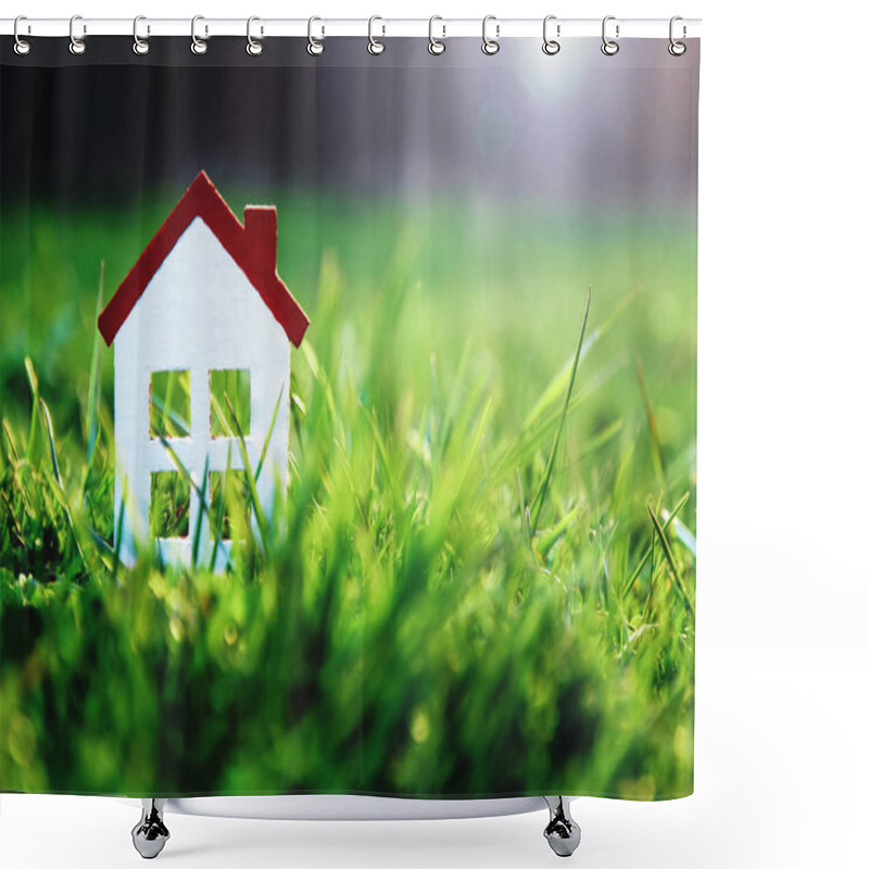 Personality  Small White Toy House On Green Grass In Sunshine With Copy Space For Real Estate Purchase, Mortgages, Homeowner Insurance, House And Lot For Sale Mockups Shower Curtains