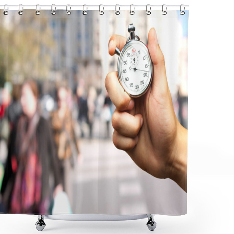 Personality  Close Up Of Hand Holding Stopwatch Shower Curtains